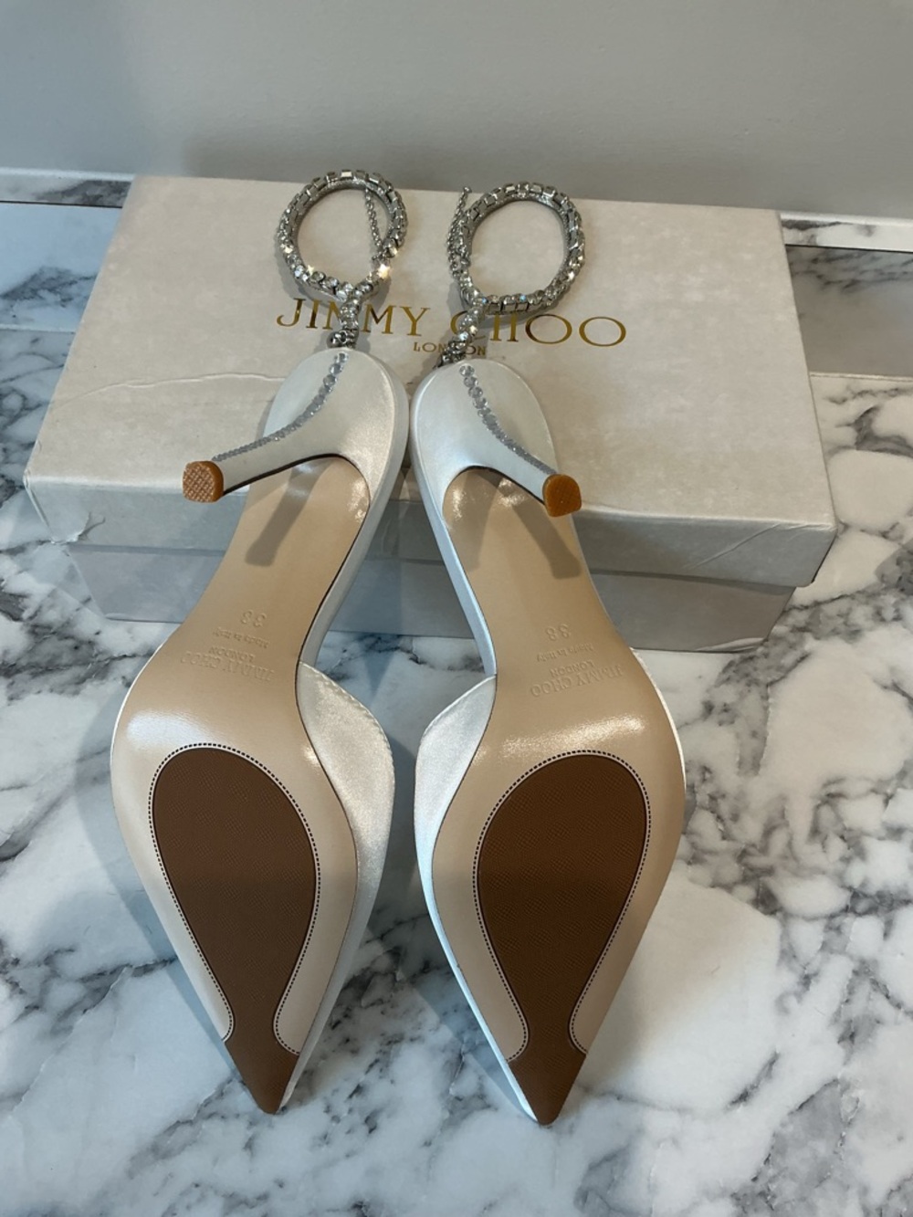 Jimmy Choo Ivory Satin Pointed Toe Crystal-Strap Slingbacks - Picture 2 of 5